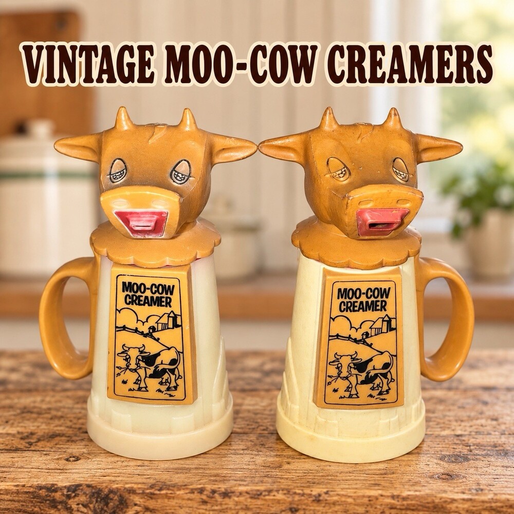 Vintage Whirley Moo-Cow Creamer Pair Plastic Cow Novelty Penn Warren PA